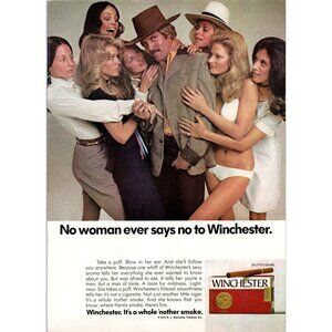 1973 Winchester Little Cigars Vintage Print Ad Ladies Man Bikini Sexist Wall Art